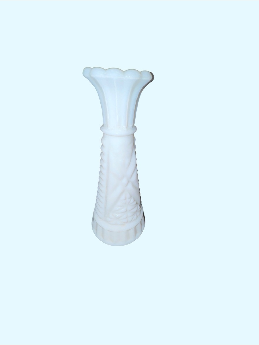 Vintage White Milk Glass Vase Scalloped Rim Pressed Floral Wheat Design
